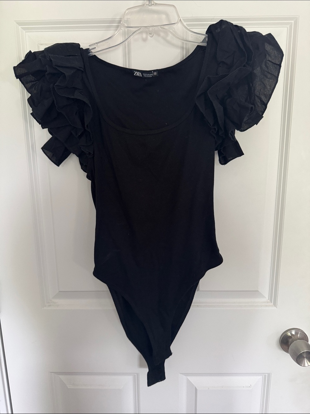 Zara Black Ruffle-Sleeve Scoop Neck Bodysuit